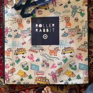 Roller Rabbit Cream Tote with Multicolor Camp Illustrations